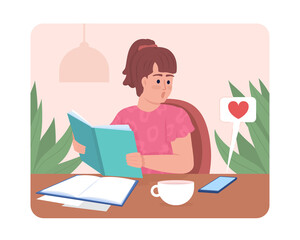 Poster - female student distracted by notifications on phone 2d vector isolated illustration. surprised girl 