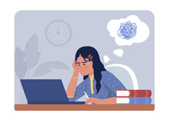 Poster - Difficult to concentrate on homework 2D vector isolated illustration. Girl struggling with ADHD flat character on cartoon background. Colourful editable scene for mobile, website, presentation