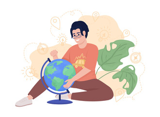 Poster - Excitement about travelling around world 2D vector isolated illustration. Smiling boy studying globe flat character on cartoon background. Colourful editable scene for mobile, website, presentation