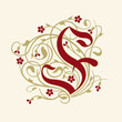 Ornamental Initial Letter F With Golden Tendrils, Leaves  And Small Burgundy Flowers On A Beige Background