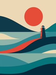 Wall Mural - sunset in the sea lighthouse 