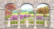 Stone Terrace With Columns View Of The Blooming Garden