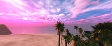 Seashore With Palm Trees At Sunset, The Light Of The Sun Through The Clouds Over The Water, Stones In The Sea At Sunrise, 3d Rendering