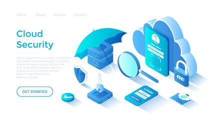 Wall Mural - Cloud Security, Data Protecting. Safe hosting service, authorization, identification. Secure backup exchange. Isometric illustration. Landing page template for web on white background.