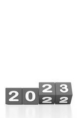 Poster -  VERTICAL 2023 new year, happy new year 2023, 3d illustration of 2023 GREYdices turning year from 2022 to 2023. white background with empty space for text