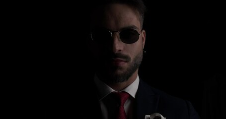 Poster - handsome businessman in elegant suit with sunglasses looking both sides and being confident and mysterious in the dark