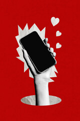 Leinwandbilder - Creative composite image of black white grain color effect hand hold phone surfing in social media isolated on red background