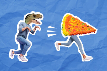 Creative poster collage of crazy person with dino raptor face hurry yummy pizza body isolated blue color background