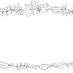 Wall Mural - Vector background, frame made of outline autumn leaves, berries, acorns on edges. Horizontal top and bottom edging, border, decoration for seasonal design, thanksgiving theme and happy fall