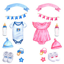 Boy And Girl Set Of Watercolor Isolated Elements For A Newborn With Ribbon, Flags, Bodysuit, Stars, Pacifier. For Printing Postcards, Invitations, Baby Shower Or Gender Party, Newborn Products