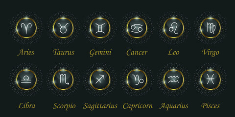 luxury zodiac sings set with captions. horoscope and astrology symbols icons in golden round frames 