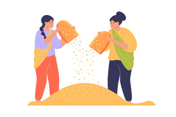 Indian women winnowing rice grains flat vector illustration. Female workers wearing traditional clothes working on paddies together. Farming, agriculture, harvesting concept