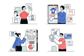 Aufkleber - Mobile commerce concept set in flat line design. Men and women make purchases using mobile phone store app, receive discounts and great offers. Vector illustration with outline people scene for web