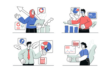 Aufkleber - Sales performance concept set in flat line design. Men and women analyze data and using marketing tools increase customer purchases and profit. Vector illustration with outline people scene for web