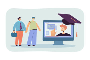 Aufkleber - Students and laptop with online courses flat vector illustration. Man and woman studying online, watching webinars. Digital education, e-learning concept for banner, website design or landing web page