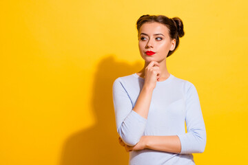 Wall Mural - photo of young smart business lady look blank space consider new project startup ideas isolated on y