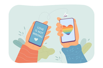 Poster - Phone with phrase love is not wrong on its screen. Human hand holding smartphone with rainbow heart on screen flat vector illustration. LGBT concept for banner, website design or landing web page