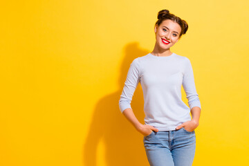 Sticker - Photo of modern optimistic beauty lady hold hands in denim pockets stand empty space isolated shine color background