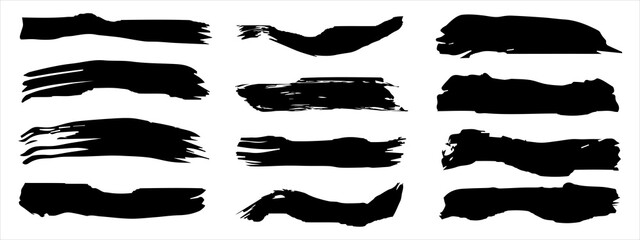 Wall Mural - Vector collection of artistic grungy black paint hand made creative brush stroke set isolated on banner background. A group of abstract grunge sketches for design education or graphic art decoration