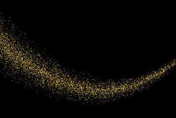 Wall Mural - Black background with gold glittering particles in the form of an abstract flow of a wavy line