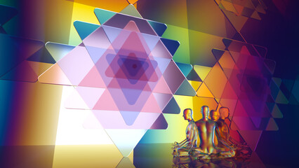 Wall Mural - 3d illustration a group of people meditating on an ancient symbol