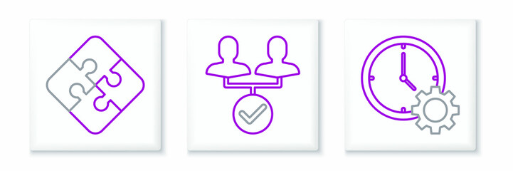 Poster - Set line Time Management, Piece of puzzle and Project team base icon. Vector