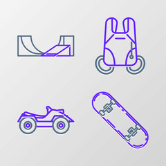 Canvas Print - Set line Skateboard trick, All Terrain Vehicle or ATV motorcycle, Parachute and park icon. Vector