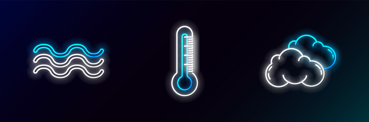 Sticker - Set line Cloud, Waves and Thermometer icon. Glowing neon. Vector