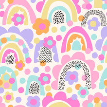 Abstract Daisy Flower, Minimal Doodle Rainbows Seamless Pattern
