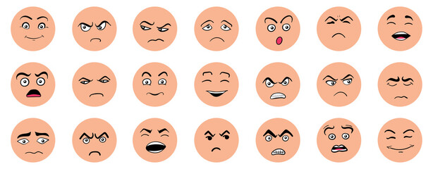 Cartoon cute and funny faces with positive and negative emotions.