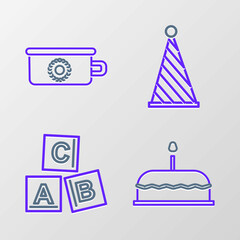 Sticker - Set line Cake with burning candles, ABC blocks, Party hat and Baby potty icon. Vector