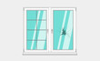 Window broken with cracked glass vector illustration. Cartoon window on brick wall building facade design element