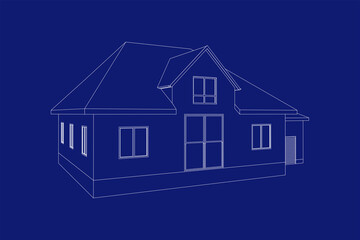 Sticker - 3D suburban house model. Drawing of the modern building. Cottage project on blue background. Interesting vector blueprint.