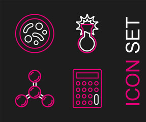 Sticker - Set line Calculator, Molecule, Test tube and flask and Bacteria icon. Vector