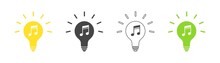 Music Notes Icon In Light Bulb Set. Vector.