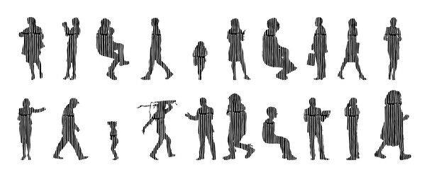 Vector silhouettes, Outline silhouettes of people, Contour drawing, people silhouette, Icon Set Isolated, Silhouette of sitting people, Architectural set	
