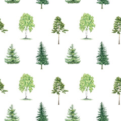 Watercolor forest tree seamless pattern. Natural summer design. Woodland green trees background. For prints, postcards, greeting cards, textile