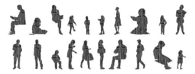 Vector silhouettes, Outline silhouettes of people, Contour drawing, people silhouette, Icon Set Isolated, Silhouette of sitting people, Architectural set	
