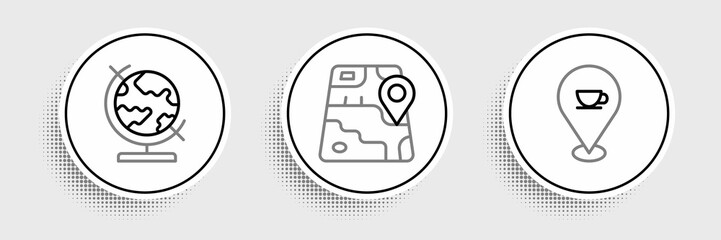 Poster - set line location with coffee cup, earth globe and city map navigation icon. vector