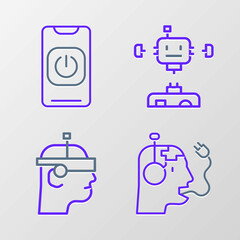 Poster - Set line Robot charging battery, Smart glasses, Disassembled robot and Turn off from phone icon. Vector