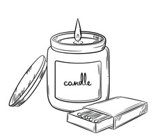Burning Candle In A Jar With Hand Drawn Label. Doodle Sketch Style. Line Drawing Of A Simple Candle In A Jar With A Box Of Matches. Isolated Vector Illustration In A Linear Style.