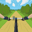 Summer bike ride. Hands on the handlebar of a bicycle. Bike travel on the forest road. POV from the eyes of a cyclist. Vector illustration in flat style