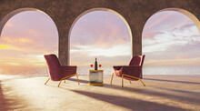 Terrace With Arches And Table With Wine Glasses