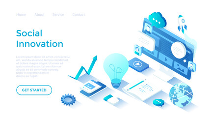 Wall Mural - social innovation, idea, strategy, technology, innovative approaches. isometric illustration. landin