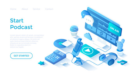 Wall Mural - Record an audio podcast. Online podcast, Blog, Radio Show. Podcasting studio equipment and app. Isometric illustration. Landing page template for web on white background.