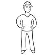  coloring model of a human male in a cap, hands on the belt vector illustration