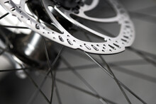 Bicycle Disk Brakes Close Up, Metal Disc Attached To Bike Wheel, Effective Mountain Bicycle Brakes