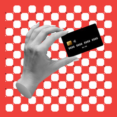 Wall Mural - Contemporary art collage. Modern design with female hand holding black credit card isolated on red background with white dots