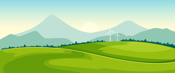 Rural summer landscape with mountains, field and green hills. Beautiful summer landscape in cartoon style. Vector stock