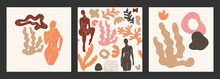 A Set Of Posters, An Abstract Female Silhouette In A Pose And Plants. Inspired By Henri Matisse. Flat Vector Illustration, Hand Drawn Cartoon.